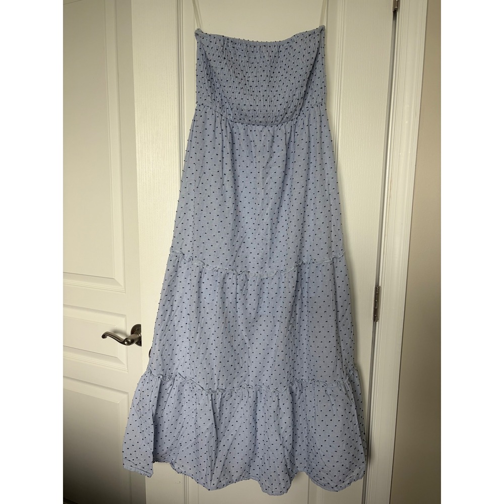Style Envy Blue Striped Smocked Tiered Maxi Dress Strapless Embroidered Dots
